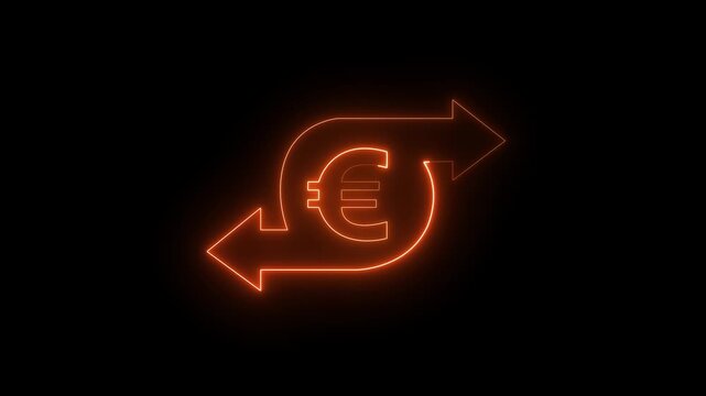 glowing Neon euro currency exchange icon with arrows representing finance. neon euro two way arrow icon represents currency exchange concept. right and left arrow euro icon sign animation. 