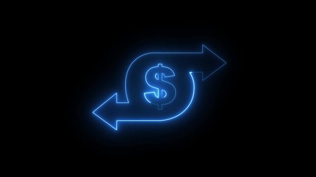 Glowing neon dollar two way arrow icon represents currency exchange concept. right and left arrow dollar icon sign animation. Neon dollar currency exchange icon with arrows representing finance.