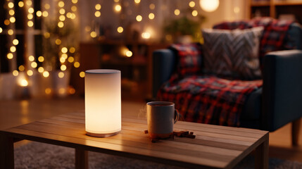 warm living room with dim floor lamp steaming mug on wooden coffee table thick plaid blanket draped over armchair fairy lights in background illustration concept scene visual for commercial design
