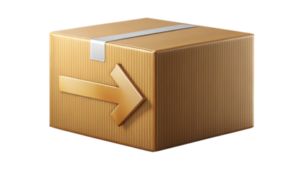 Cardboard box with an arrow pointing to the right, isolated on transparent background, representing delivery, shipping, and logistics concept