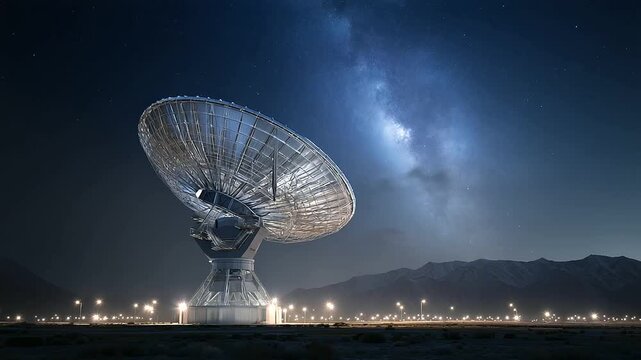 Military satellite dish transmitting signals into the sky