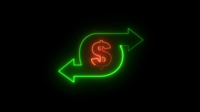 glowing Neon dollar currency exchange icon with arrows representing finance. neon dollar two way arrow icon represents currency exchange concept. right and left arrow dollar icon sign animation. 