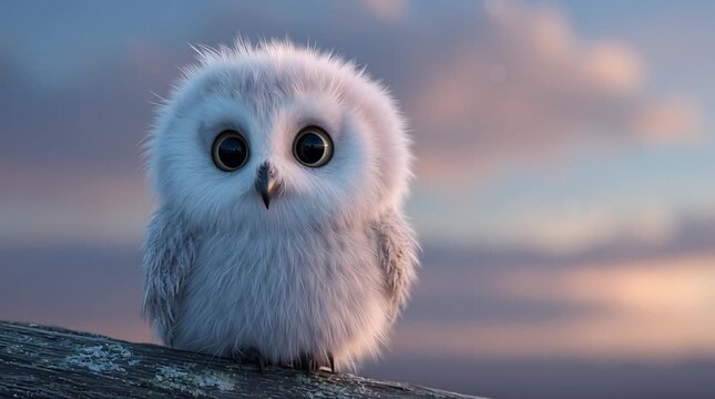 Fluffy white baby owl with large, dark eyes perched on a branch against a soft, pastel-colored sky, creating a gentle, dreamy wildlife portrait full of innocence and calm.
