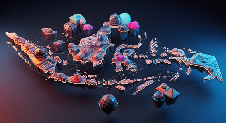 Futuristic Digital Map of an Island with Colorful Geometric Structures and Hovering Spheres