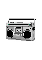 Obraz premium A pixel art illustration of a classic silver boombox with twin speakers, cassette deck, and control buttons.