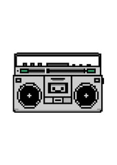 A pixel art depiction of a vintage silver boombox with two large speakers, cassette slot, and control buttons, set against a white background.