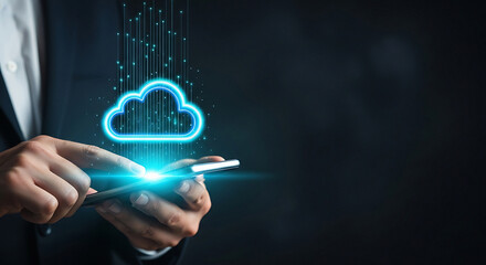 Man using smartphone with glowing cloud and data streams on dark background for cloud computing