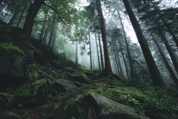 Obraz premium Misty forest path climbs a moss-covered hillside