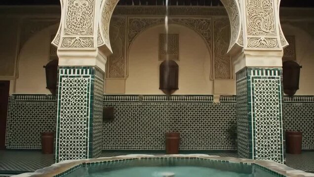 Harmony in Moroccan Architecture: Journey into the heart of a traditional Moroccan courtyard, where intricate arches frame a serene pool, reflecting the subtle play of light and shadow.