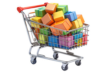 Shopping cart filled with colorful gift boxes isolated on transparent background, ideal for retail, holiday, and celebration themed designs