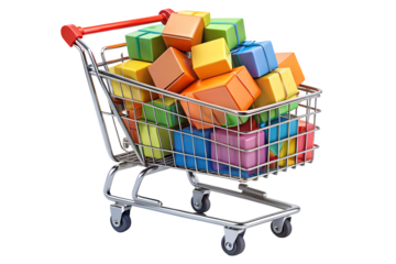 Shopping cart filled with colorful gift boxes isolated on transparent background, ideal for retail, holiday, and celebration themed designs