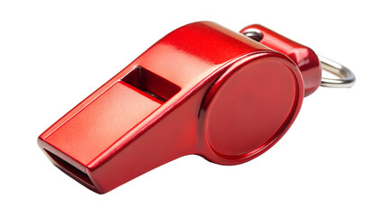 A shiny red metal whistle isolated on transparent background, a tool for sport, safety, and emergency situations, perfect for designs