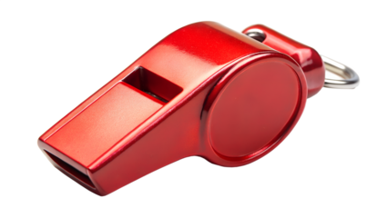 A shiny red metal whistle isolated on transparent background, a tool for sport, safety, and emergency situations, perfect for designs