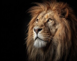 Fototapeta premium Close-up of a lion's head, looking upward against a black background