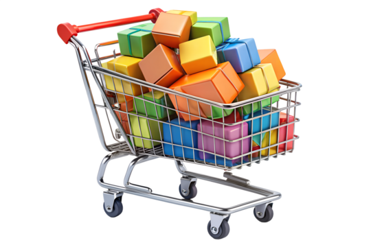 Shopping cart filled with colorful gift boxes isolated on transparent background, ideal for retail, holiday, and celebration themed designs