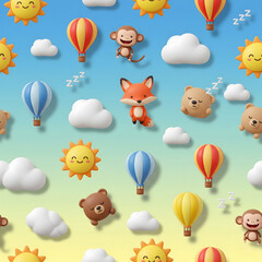 Whimsical 3D Rendered Seamless Pattern of Sky Animals and Balloons