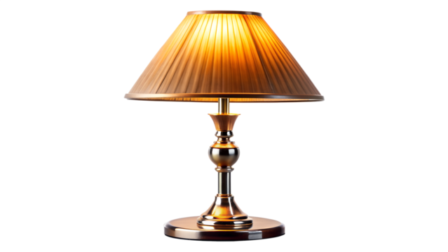 Elegant golden table lamp with a pleated shade isolated on transparent background, perfect for adding a touch of classic style to any interior decor