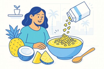 Woman preparing tropical cereal breakfast with coconut milk and pineapple on a light themed background in creative cartoon style illustration. Ai generative