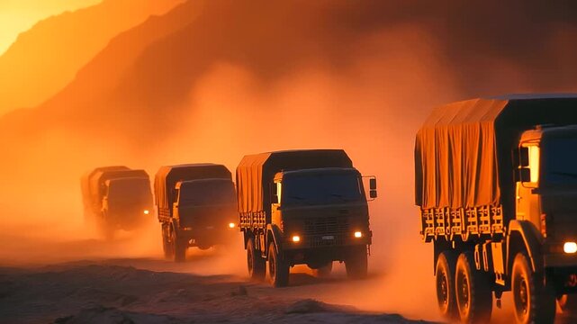 Military truck convoy traveling through desert at dusk