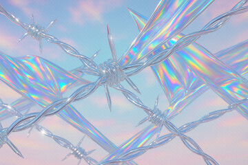 Prism Clear Barbed Wires stretched on pastel rainbow sky, abstract concept art