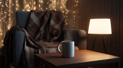 warm living room with dim floor lamp steaming mug on wooden coffee table thick plaid blanket draped over armchair fairy lights in background illustration concept scene visual for commercial design
