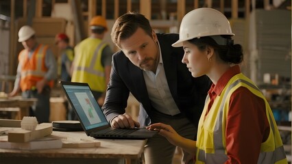 Two professionals in a warehouse setting, examining data on a laptop while wearing safety gear.
