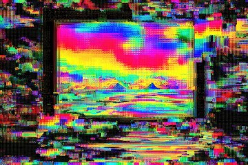 Distorted image of pyramids within a framed TV static
