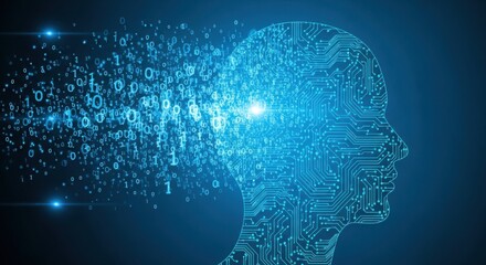 Digital representation of a human head dissolving into binary code and circuits, symbolizing ai