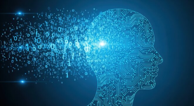 Digital representation of a human head dissolving into binary code and circuits, symbolizing ai
