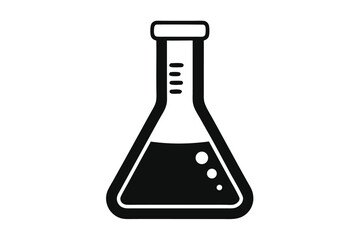 Black Silhouette of Erlenmeyer Flask with Liquid and Bubbles for Science Research