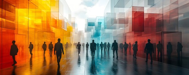 Abstract digital composition featuring floating geometric cubes filled with silhouetted human figures arranged in a three dimensional grid to simulate a layered and futuristic urban environment