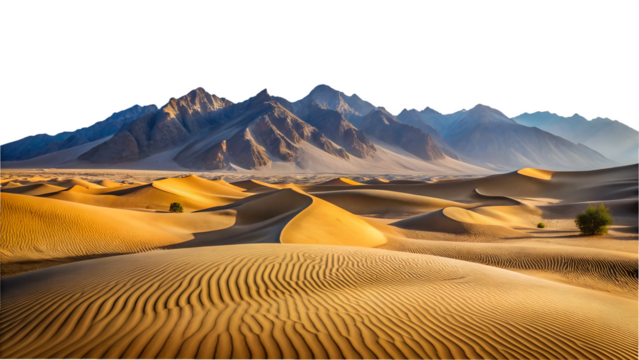 Majestic desert landscape isolated on transparent background, showcasing sand dunes, mountains, and clear sky, capturing the beauty of nature - Powered by Adobe