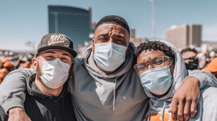 Friends celebrate together outdoors in face masks during a sunny day in the city while promoting health safety awareness among communities