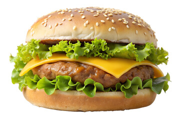 Delicious cheeseburger with fresh lettuce and sesame seed bun isolated on transparent background, perfect for a quick and satisfying meal