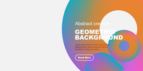 Abstract geometric background features vibrant color gradients. Text includes creative title, sample text, read more button. Minimalist design.