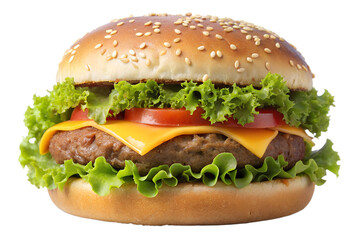 Delicious cheeseburger with fresh lettuce, tomato, and sesame seed bun isolated on transparent background, a classic fast food favorite