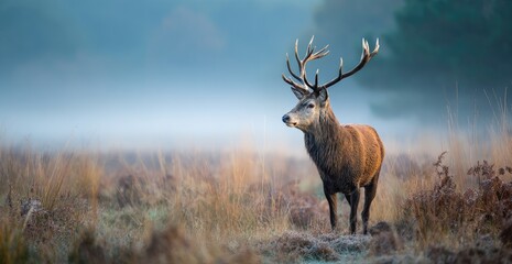Fototapeta premium Majestic stag in a misty autumnal landscape (1)