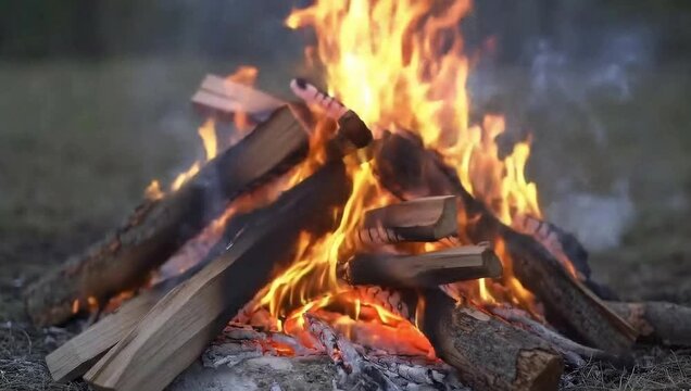 Burning Embers: A vibrant and fiery campfire, crackling with intense flames and swirling smoke. The scene captures the essence of warmth, outdoor adventure, and cozy ambiance.