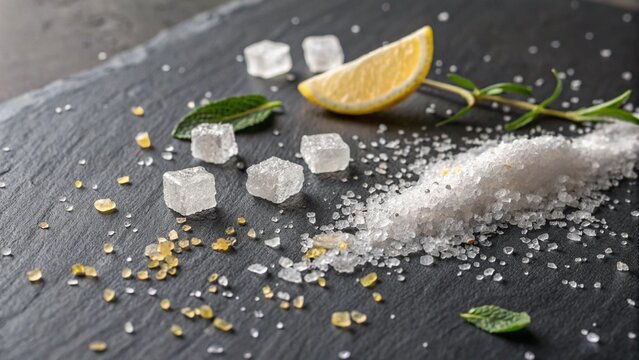 Luxury bath salts, sugar crystals, lemon, and mint on dark slate.