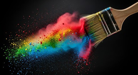 Fototapeta premium Paintbrush spreading vibrant rainbow colored powder