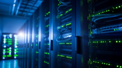 Illuminated Data Center: Pulsating, Reflective Server Room in Neon Colors - Powered by Adobe