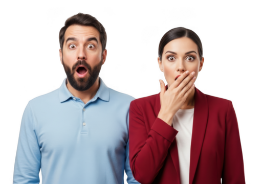 Surprised couple express shock together isolated on transparent background