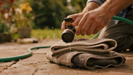 Person Adjusting Garden Hose Nozzle Over Folded Towels