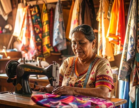 an elderly woman working on a colorful fabric using a vintage sewing machine in a wooden workshop