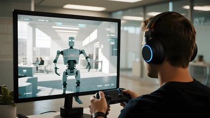 Person using a controller to interact with a humanoid robot in a virtual environment displayed on a monitor