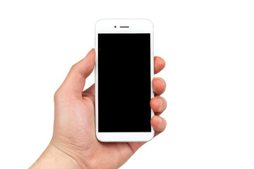 A hand holding a white cell phone with a black screen. The phone is in a person's hand and is not turned on