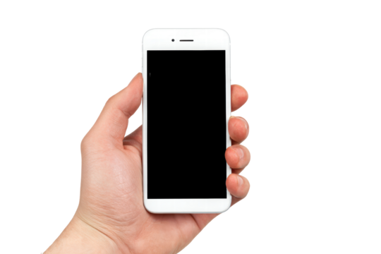 A hand holding a white cell phone with a black screen. The phone is in a person's hand and is not turned on