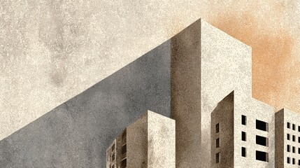 Abstract woodblock print of tall building shadows, soft gradient muted tones, minimalist urban landscape art background