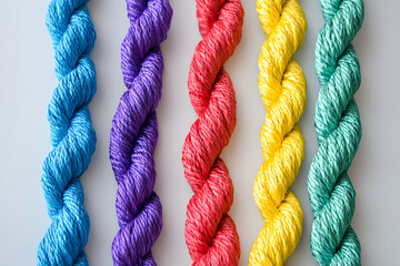 Colorful twisted ropes texture macro background pattern isolated studio detail, vibrant braided cords aligned vertically, multicolor fiber material surface for textile design, craft decoration, abstra