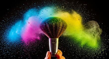 Makeup brush with colorful powder explosion on black background